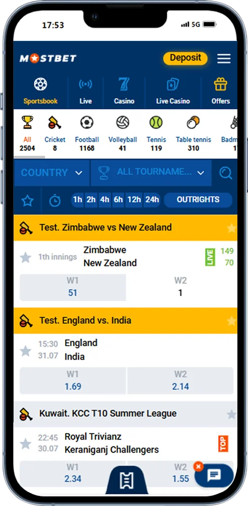Sports betting options on Mostbet app