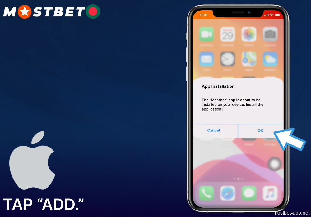 Tap “Add” on the Mostbet website